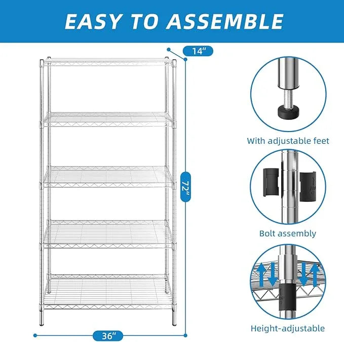 5-Shelf Adjustable Metal Shelf Wire Shelving Unit Storage Rack Display Shelf for Office,Kitchen,Bedroom,Bathroom,Laundry,Pantry Basement,Garage(Chrome,36" L x 14" W x 72" H) - NeatNest