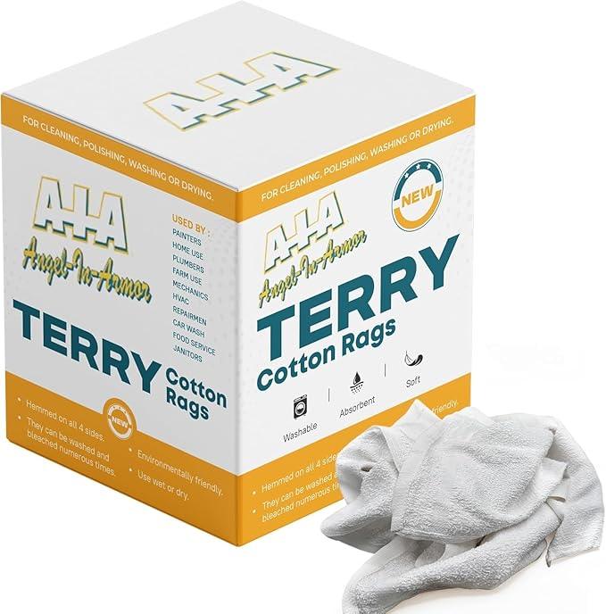 Angel-in-Armor White Terry Cloth Rags (16” x 19”) – 50lb Bulk Box of 100% Cotton Cleaning Rags – Reclaimed Towels for Plumbers, Shop Use, Janitorial, and Commercial Cleaning - NeatNest