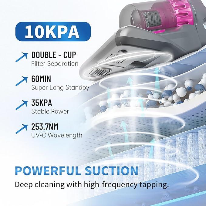PATO Mattress Vacuum Cleaner, 10KPa Suction with UV-C Light & HEPA Filter, 4-in-1 Bed Cleaner for Sofa, Car, Carpet, Pet Hair - NeatNest