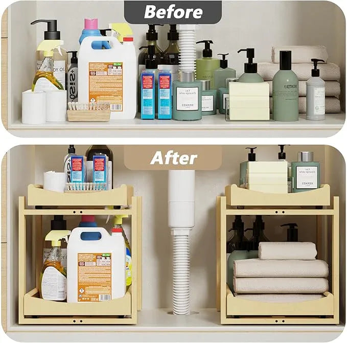 Bamboo Under Sink Organizer Adjustable Height 2 Tier Bathroom Organizer Pull Out Cabinet Storage Kitchen Heave Duty Wood Slide Ou Shelf for Kitchen Bathroom (Nature, 2 Packs) - NeatNest
