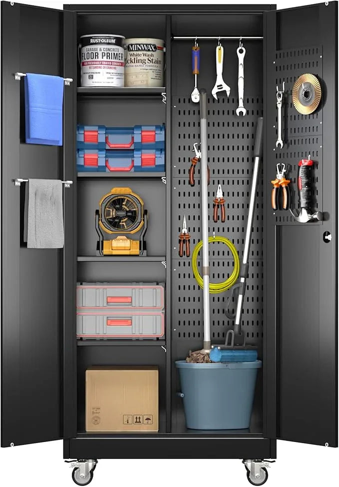 SUXXAN Broom Closet Storage Cabinet with Wheels 71.4"x 31.5"x15.7", Metal Cleaning Cabinets with Hooks and Hanging Rods, Lockable Cabinet with Pegboard, Adjustable Shelf,for Garage, Laundry Room - NeatNest