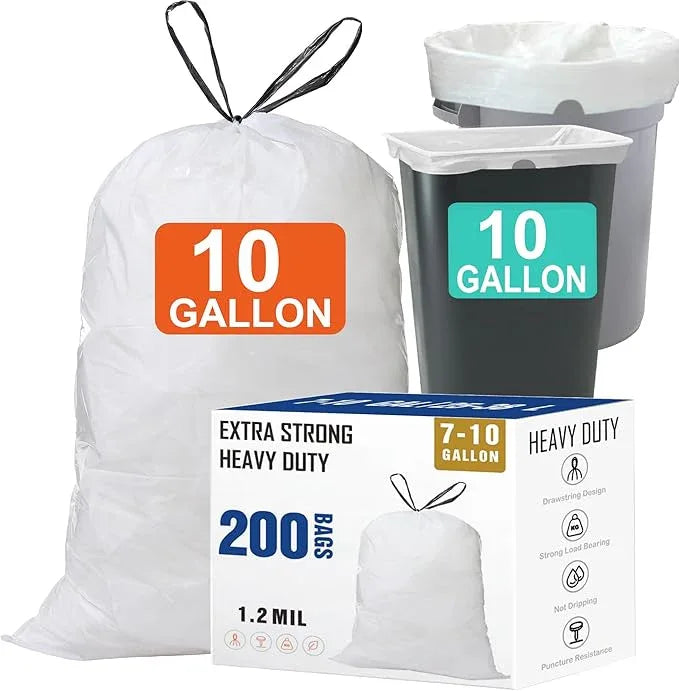 10 Gallon Drawstring Trash Bags (200 Count) 1.2 Mil Heavy Duty Garbage Bags Compatible with Rubbermaid Brute 10 Gallon Trash Can & Fit All 7, 9, 10, 13 Gallon Trash Can Tear & Leak Resistant - NeatNest