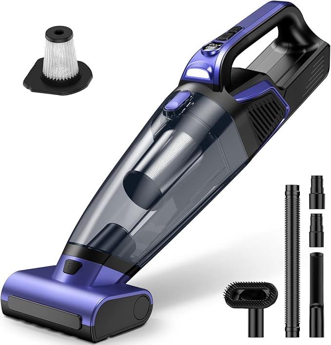 Pet Hair Handheld Vacuum Cordless: 20000PA High Power Car Vacuum with Motorized Brush and LED Light, Rechargeable Hand Held Vacuum Cleaner with Reusable Filter for Car, Home, Office & Pet, Purple - NeatNest