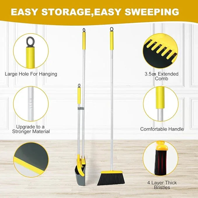 Broom and Dustpan Set with 54 Inch Long Handle - Perfect Dust Pan and Brush Combo for Home Efficient Cleaning (Yellow and Grey) - NeatNest