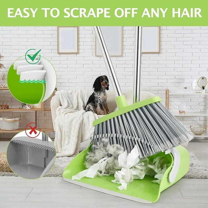 Broom and Dustpan Set, Dustpans with Broom Combo for Home, Heavy Dust Broom and Dustpan Combo, Long Handle Dust Pan and Broom Set for Kitchen, Office, Pet Hair(Gray Green) - NeatNest