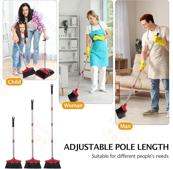 Broom and Dustpan Set with Long Handle, Light Weight Stainless Steel Poles Stand Upright Dustpans with Broom Combo for Home Kitchen Office Pet Dog Hair, Black & Red Color, 1-Pack - NeatNest