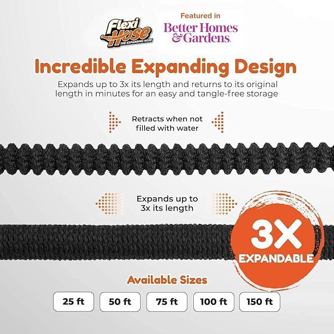 Flexi Hose Expandable Garden Hose with 8 Function Nozzle, 75FT - Lightweight Retractable Garden Hose, Water Hose - No-Kink Flexibility, 3/4 Inch Solid Brass Fittings and Double Latex Core - NeatNest