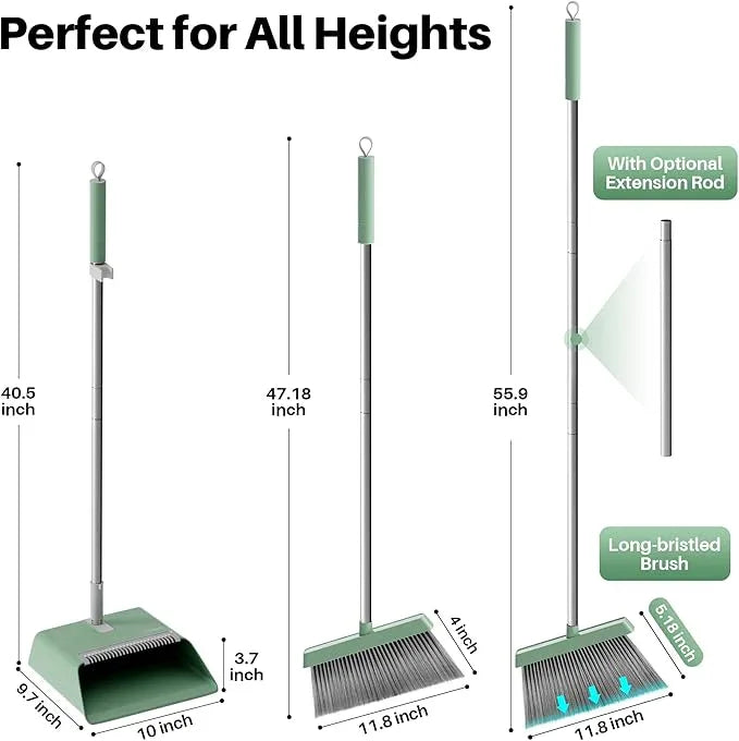 JOYMOOP Dark Teal Green Broom and Dustpan Set with 56” Handle, Upright Angle with Comb Teeth for Pet Hair and Hardwood Floors - NeatNest