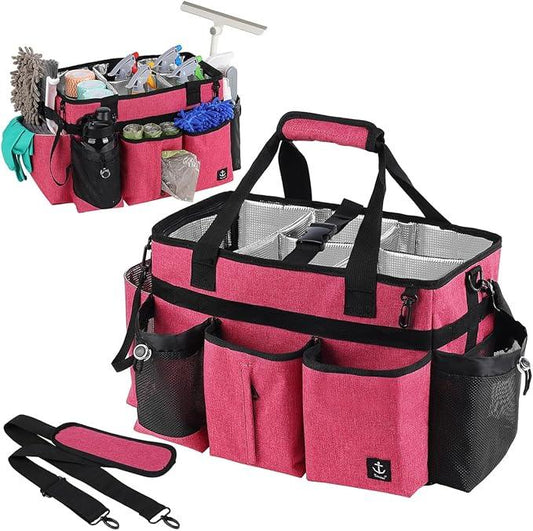 Large Cleaning Caddy Bags Pink with Sturdy Support Board, Cleaning Organizer with Detachable Dividers, Cleaning Supply Tote with Adjustable Shoulder Strap & Waist Belt for Cleaners Housekeepers - NeatNest