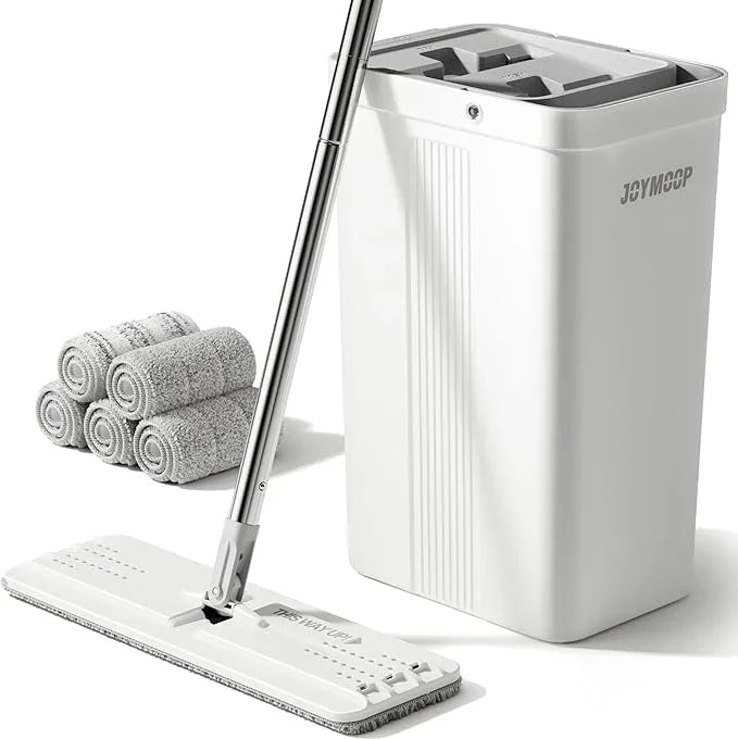 JOYMOOP Mop and Bucket with Wringer Set, White Flat Squeeze Mop Bucket Set for Floor Cleaning, Wet Dry Mop for Walls, Wall Cleaner with Long Handle, Hardwood Floor Mop-5 Microfiber Cloths - NeatNest