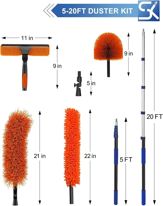 26 Foot High Reach Duster Kit with 5-20 ft Telescoping Extension Pole, High Ceiling Duster, Cobweb Duster, Window Squeegee, Feather Duster, Outdoor & Indoor Extendable Duster Cleaning Kit - NeatNest