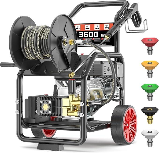 3600 PSI Gas Powered Commercial High Pressure Washer with 212cc 4HP Engine 3.3GPM Electric Start, Includes Hose Reel 50 FT 3/8 inch Hose 5 Quick Connect Nozzles Spray Gun and Wand - NeatNest
