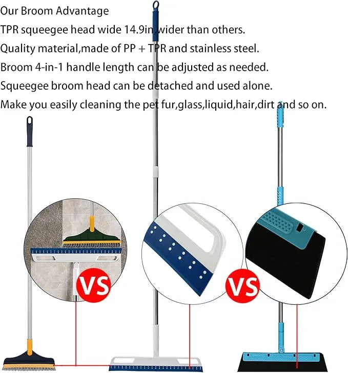 Multifunction Magic Air Broom, Silicone Broom with 56" Long Handle, 4 in 1 Rubber Squeegee Sweeper for Floor Bathroom Kitchen Shower Tile Pet Hair Fur Marble Glass Water Window Foam Cleaning (Blue) - NeatNest