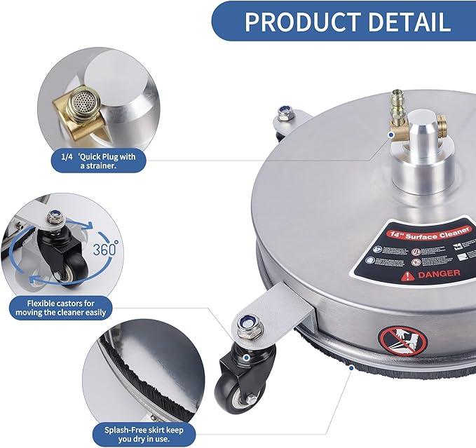 Biswing 14" Pressure Washer Surface Cleaner with 4 Wheels, Stainless Steel Power Washer Accessory for Driveways Sidewalks Patios Cleaning, 1/4" Quick Connector, 2 Extension Wand Attachments, 4000 PSI - NeatNest