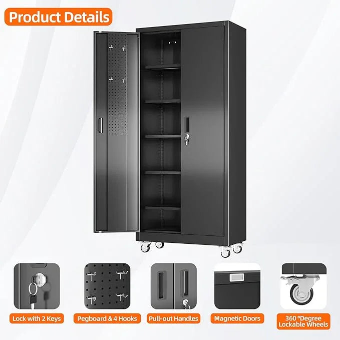 SUXXAN Garage Storage Cabinet with Wheels Pegboard and 5 Adjustable Shelves, 71'' x 32'' x 16''Metal Lockable Cabinet with Magnetic Doors,Tool Storage,Home Office Garage,Gym,School (Black) - NeatNest