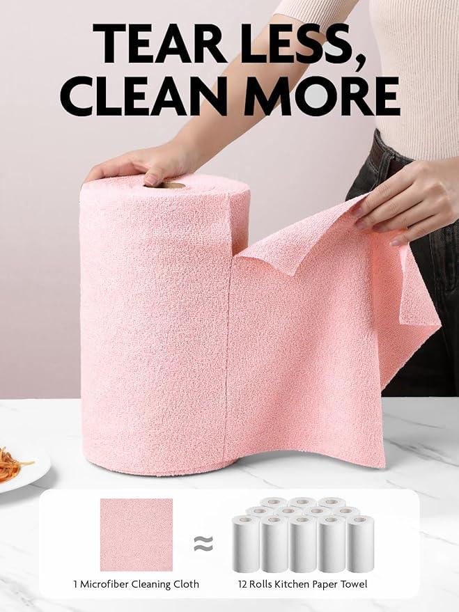 Fantasticlean Microfiber Cleaning Cloth Roll -75 Pack, Tear Away Microfiber Towels, 12" x 12", Reusable, Washable, Scratch Free, Ultra Absorbent Dish Rags for Car, Home, Garage or Shop (Pink) - NeatNest
