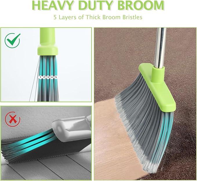 Broom and Dustpan Set, Dustpans with Broom Combo for Home, Heavy Dust Broom and Dustpan Combo, Long Handle Dust Pan and Broom Set for Kitchen, Office, Pet Hair(Gray Green) - NeatNest