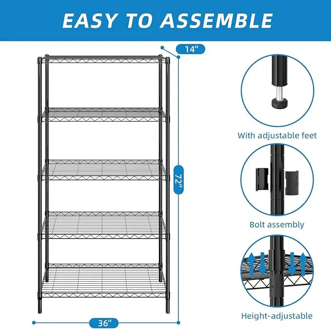 5-Shelf Adjustable Metal Shelf Wire Shelving Unit Storage Rack Display Shelf for Office,Kitchen,Bedroom,Bathroom,Laundry,Pantry Basement,Garage(Black,36" L x 14" W x 72" H) - NeatNest
