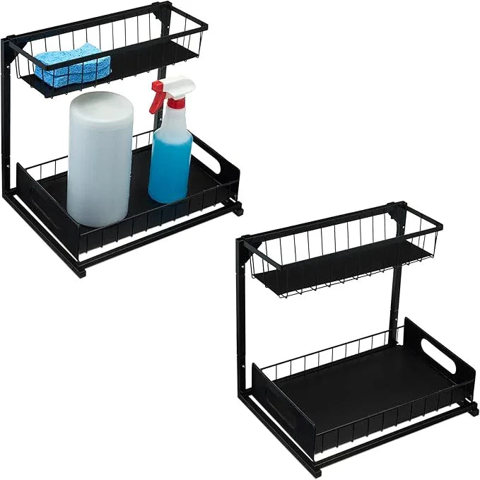 Amazon Basics L-Shape Under Sink Storage Pull Out Cabinet Organizer, Black, Pack of 2 - NeatNest
