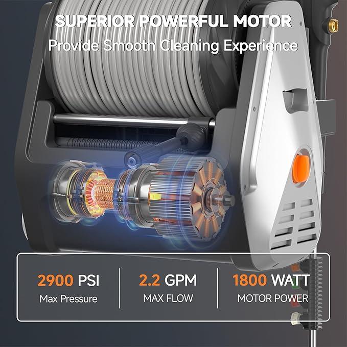 Giraffe Tools Wall Mounted Pressure Washer with 100ft Detachable Hose, Max 2900 PSI 2.2 GPM Electric Power Washer with 1800W Motor, Automatic Rewind, Any Length Locky - NeatNest