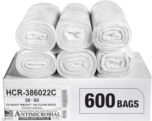 Aluf Plastics High Density Trash Bags, 60 Gallon, 600 Count, 22 Micron (eq), 38" x 60", Clear, for Bathroom, Office, Industrial, Commercial, Janitorial, Municipal, Recycling - NeatNest