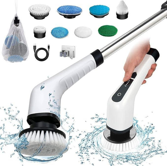 Electric Spin Scrubber, Cordless Bath Tub Power Scrubber with 8 Replaceable Drill Brush Heads, Shower Cleaning Brush with Adjustable Handle for Bathroom, Tile Floor & Car, White, (ANS-8050) - NeatNest
