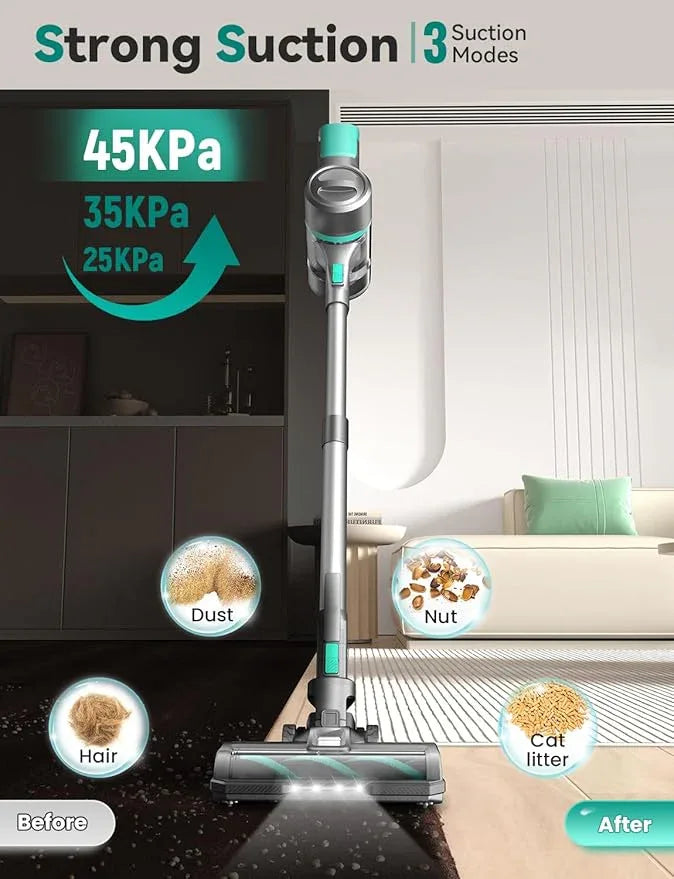DEVOAC Cordless Vacuum Cleaner for Home, 45Kpa Lightweight Stick Vacuum with Powerful Suction, Rechargeable Battery Up to 50mins, Handheld Vacuum Cleaners for Hardwood Floor, Carpet, Pet Hair(Green) - NeatNest