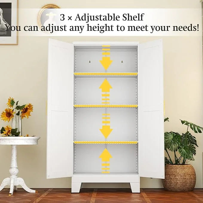 White Metal Storage Cabinet, 61" Steel Cabinets for Home Office, Kitchen Pantry Storage Cabinet with Doors and 3 Adjustable Shelves, Tool Cabinet, for Office, Home, Garage, School - NeatNest