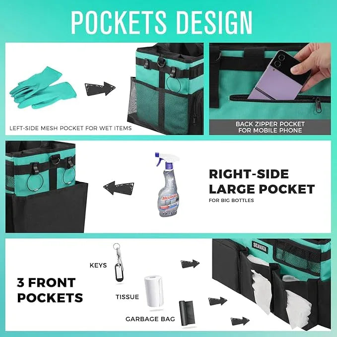 Wearable Cleaning Caddy Bag, Cleaning Caddy Supplies Organizer with Handle & Shoulder Straps for Housekeepers, Under Sink & Car Cleaning Tool Organizers with 4 Foldable Divider (Lake Blue) - NeatNest