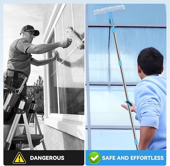 10ft Squeegee for Window Cleaning, Window Washing Kit with Extension Pole, Window Squeegee for Home, Window Cleaning Kit with 2 Brush Covers, Window Cleaner Tool for Indoor Outdoor High Windows Glass - NeatNest