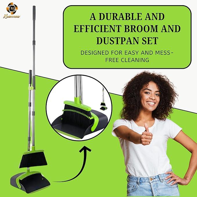 Standing Broom and Dustpan Set, Built-in Scraper Teeth, No-Slip Grip, Dust Collection Tray for Home, Office, Lobby, and Outdoor, Adjustable Handle from 38.18" to 52" (Black & Green) - NeatNest