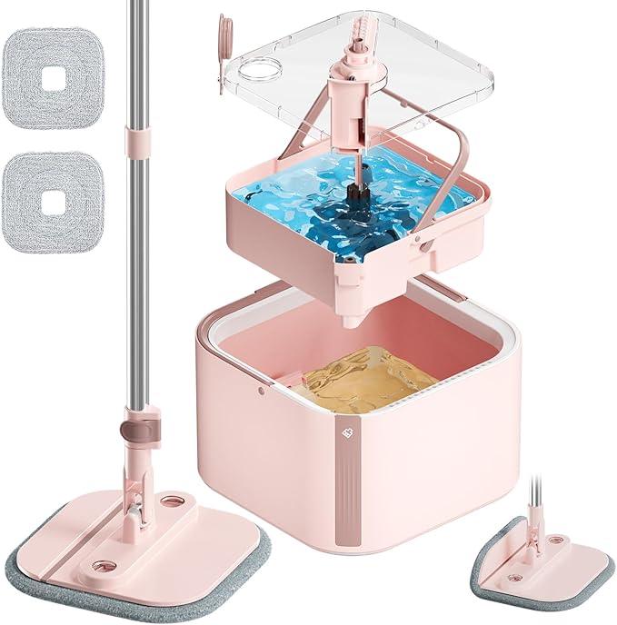 Upgraded Spin Mop and Bucket Set Self-Standing Mop Bucket Separate Dirty and Clean Water System Self Wringing 360° Rotating 90° Foldabl Mops and Buckets for Floor Cleaning (Pink, 2Pads) - NeatNest