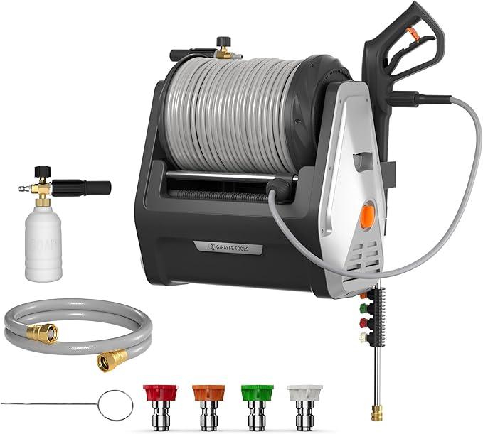 Giraffe Tools Wall Mounted Pressure Washer with 100ft Detachable Hose, Max 2900 PSI 2.2 GPM Electric Power Washer with 1800W Motor, Automatic Rewind, Any Length Locky - NeatNest