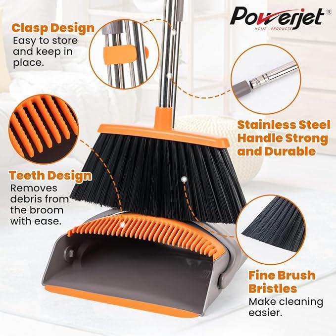 POWERJET Upright Broom & Dustpan Set (420900), Angled Lobby Broom, Exclusive Long Handle Extendable 52”, Self-Cleaning with Dustpan Teeth, Sweeping Indoor & Outdoor Home & Office Cleaning - NeatNest