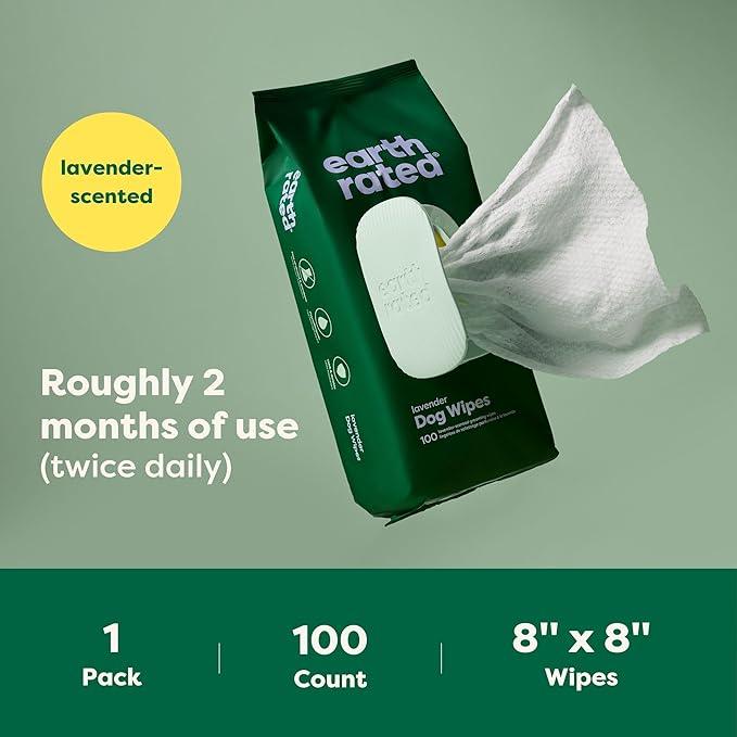 Earth Rated Dog Wipes, Hypoallergenic, Cleaning and Hydrating, for Grooming Paws, Body and Butt, Lavender Scented, 100 Count - NeatNest