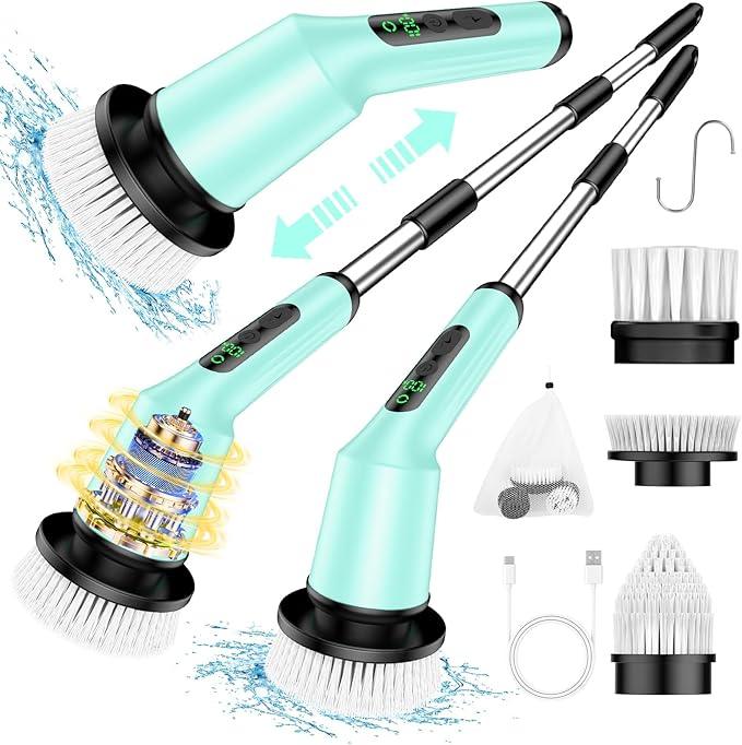 Electric Spin Scrubber for Cleaning Bathroom, Shower Scrubber Cordless Cleaning Brush with IPX7 Waterproof & 2 Speed, 3 Brush Heads, Bathroom Cleaning Supplies for Toilet Shower Tub Mint Green - NeatNest