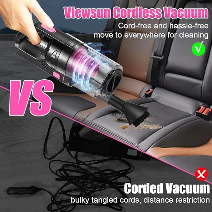 Viewsun Car Vacuum Cordless Rechargeable, 8000PA High Power Handheld Vacuum Cleaner with 17PCS Car Cleaning Kit, Pink Auto Accessories for Women Gift - NeatNest