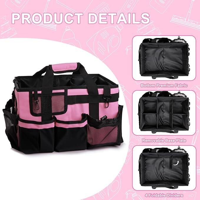 Large Cleaning Caddy Tote Bag with 4 Foldable Dividers Sturdy Support Board, Waterproof Cleaning Tools Organizer with Adjustable Shoulder Strap Waist Belt for Housekeepers, Cleaners Professional Use - NeatNest