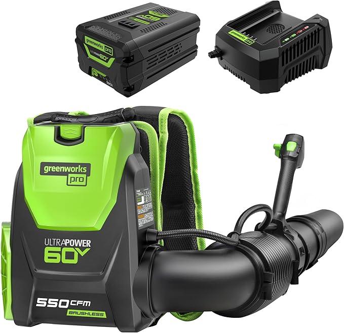 Greenworks 60V 550 CFM Brushless Backpack Blower, 5.0Ah Battery and 6A Charger - NeatNest