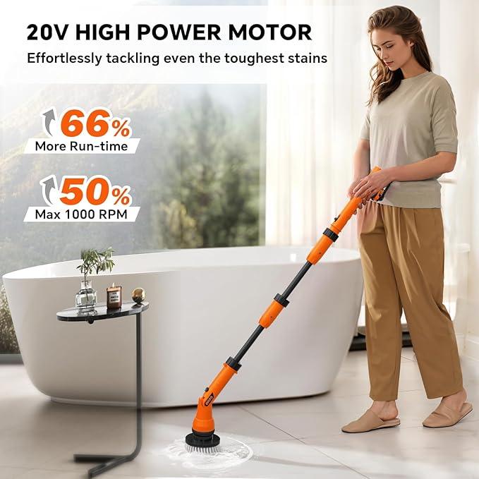1000RPM Electric Spin Scrubber, 20V Cordless Cleaning Brush with Adjustable Extension Arm, 4 Replaceable Cleaning Heads, Hook and Gloves, 1 Hour Fast Charge, Waterproof - for Bathroom/Tub/Tile/Floor - NeatNest