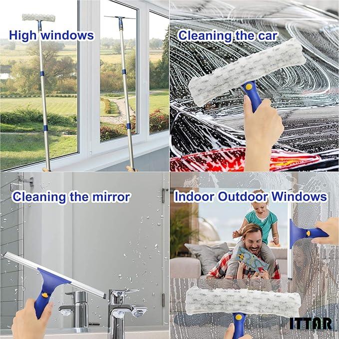 ITTAR Window Squeegee with 2 Sets Stainless Steel Pole, Squeegee Cleaning Tools with Microfiber Pads, 60"-72" Telescopic Window Washing Kit, Professional Squeegee Cleaner for Home Car Outside Glass - NeatNest