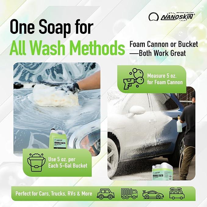 Nanoskin BUBBLE BATH Foaming Car Wash Shampoo 1 Gallon - Works with Foam Cannon, Foam Gun, Bucket Washes, Car Soap for Pressure Washer | For Car, Truck, Motorcycle, RV & More | Green Apple Scented - NeatNest