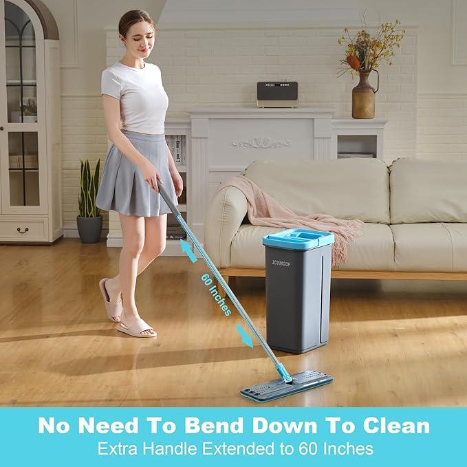 JOYMOOP Mop and Bucket Set with Wringer, with 5 Reusable Microfiber Mop Pads, Mops for Floor Cleaning and Wall Cleaning, Hands-Free Flat Mop for Home Use - Grey+Cyan Blue - NeatNest