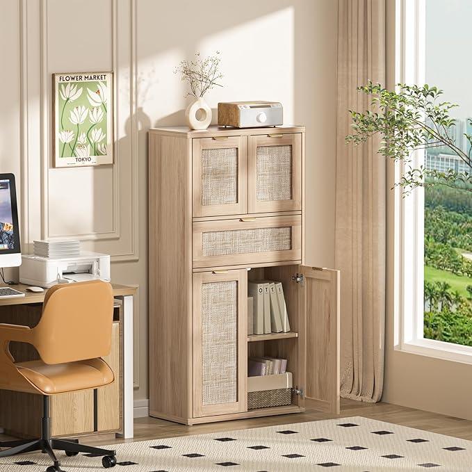 LEYAOYAO 48" Tall Storage Cabinet Set of 2,Rattan Bathroom Floor Cabinets with 4 Doors & 1Drawer,Boho Kitchen Pantry with Adjustable Shelves,Wooden Cupboard for Living Room,Home Office,Natural Wood - NeatNest
