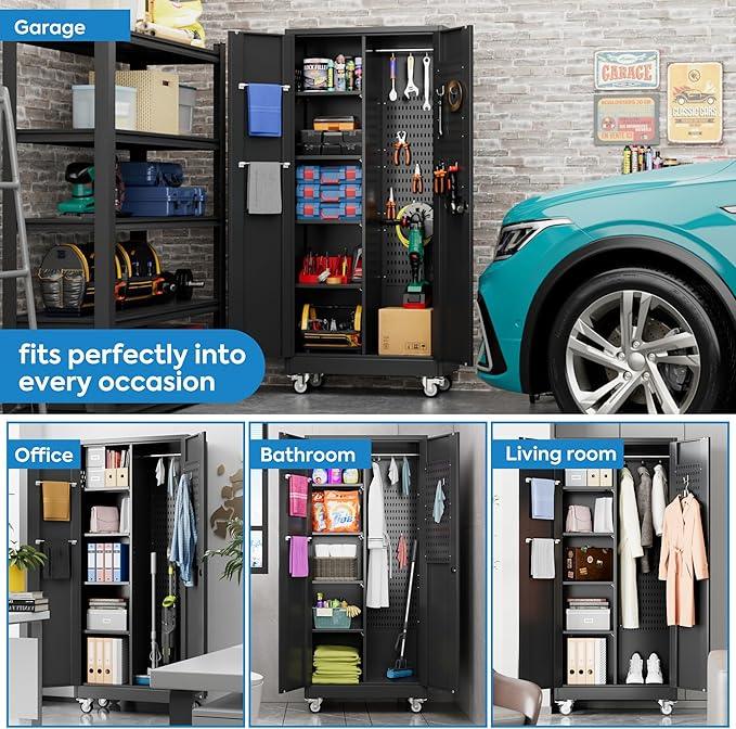 SUXXAN Broom Closet Storage Cabinet with Wheels 71.4"x 33.9"x16.9", Metal Cleaning Cabinets with Hooks and Hanging Rods, Lockable Cabinet with Pegboard, Adjustable Shelf,for Garage, Laundry Room - NeatNest