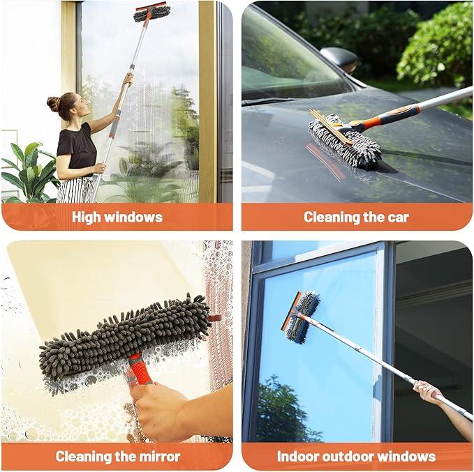 Eazer Squeegee Window Cleaner 2 in 1 Rotatable Window Cleaning Tool Kit with Elbow/Straight Extension Pole, 62‘’ Window Washing Equipment with Bendable Head for Indoor/Outdoor Car Glass - NeatNest