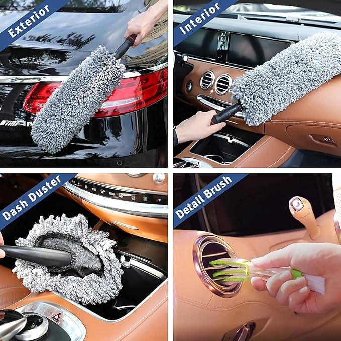 upra Ultimate Car Duster Kit，Best Microfiber Multipurpose Duster,Interior &Exterior Cleaning Tools,Dashboard Detailing Brush,Scratch Lint Free,Pollen Removing,extendable Handle,Tuck,SUV,RV,Set of 4 - NeatNest