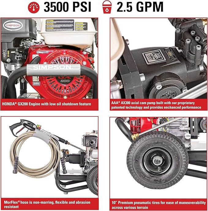Simpson 61014 3500 PSI at 2.5 GPM Honda GX200 with AAA AX300 Axial Cam Pump Cold Water Professional Gas Pressure Washer PS61002-S - NeatNest