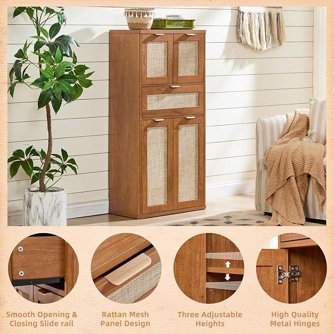 LEYAOYAO 48" Tall Storage Cabinet,Rattan Bathroom Floor Cabinets with 4 Doors & 1Drawer,Boho Kitchen Pantry with Adjustable Shelves,Wooden Cupboard for Living Room,Home Office,Dining,Brown - NeatNest