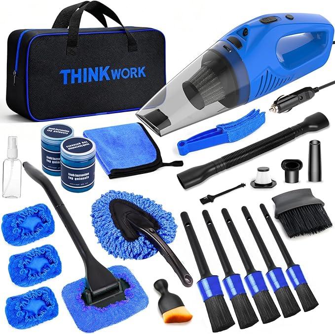THINKWORK Car Cleaning Kit Car Detailing Kit,Car Cleaning Kit Interior Cleaner with High Power Blue Handheld Vacuum Cleaner,Brush Sets,Windshield Cleaner and Storage Bag,Car Accessories,Car Gift Set - NeatNest